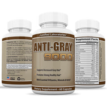 Afbeelding in Gallery-weergave laden, All sides of bottle of the Anti Gray Hair 9000 Assist In Restoring Natural Hair Color and Helps Reduce Gray Hair 60 Capsules