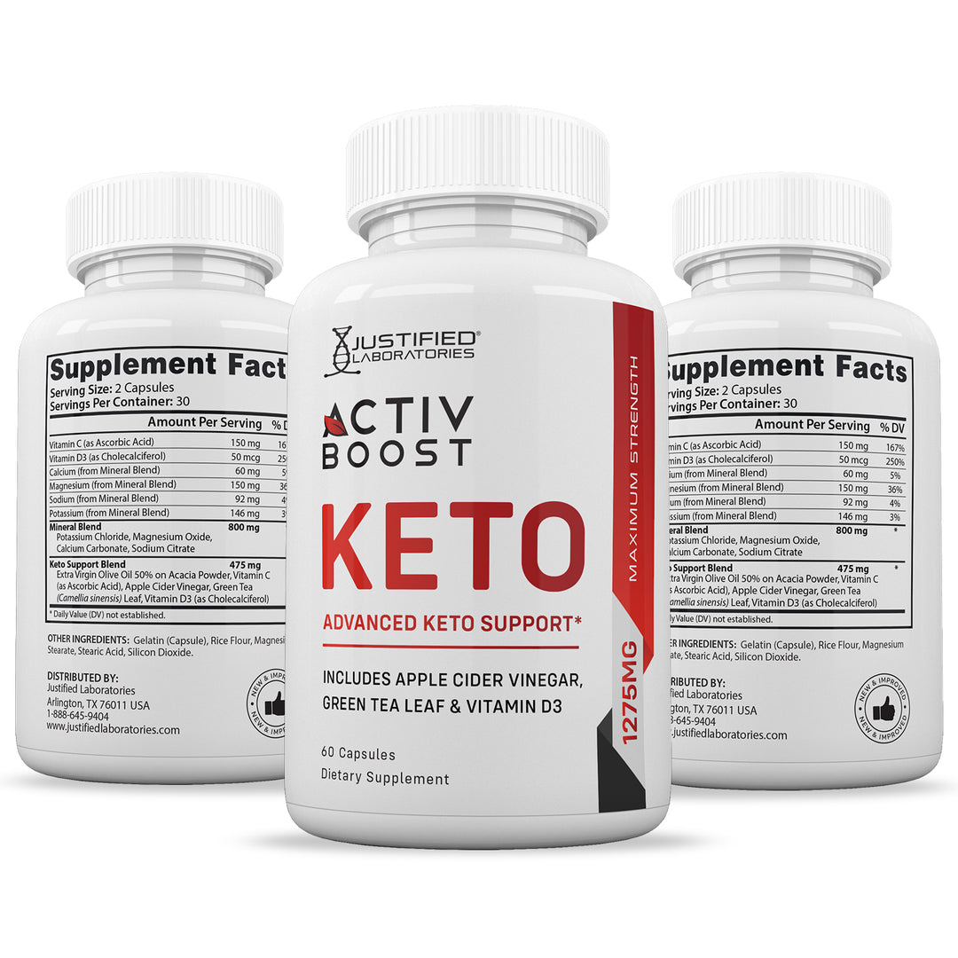 3 sides of bottle of Activ Boost Keto ACV Pills 1275MG