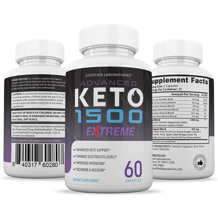 3 Sided of Bottle of Advanced Keto 1500 Keto ACV Extreme Pills 1675MG