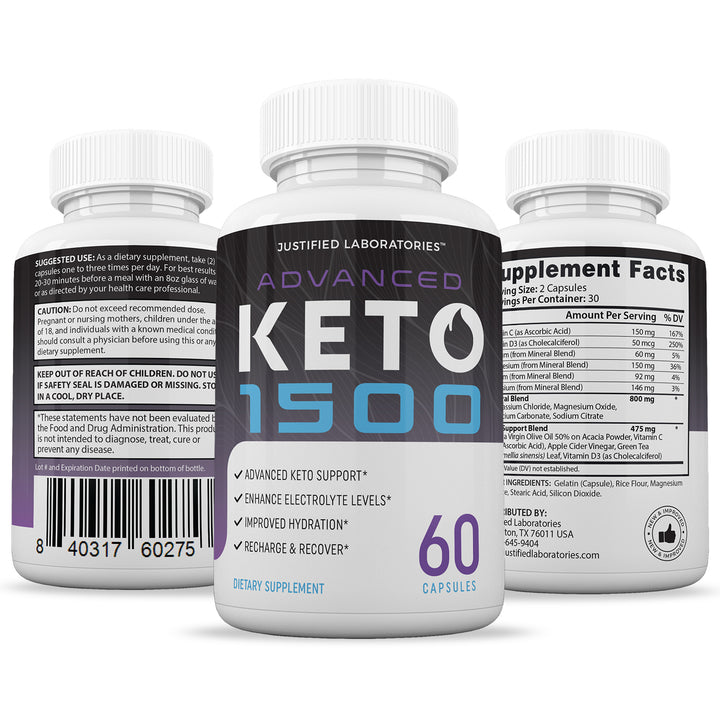 3 Sides of Bottle of Advanced Keto 1500 Keto ACV Pills 1275MG