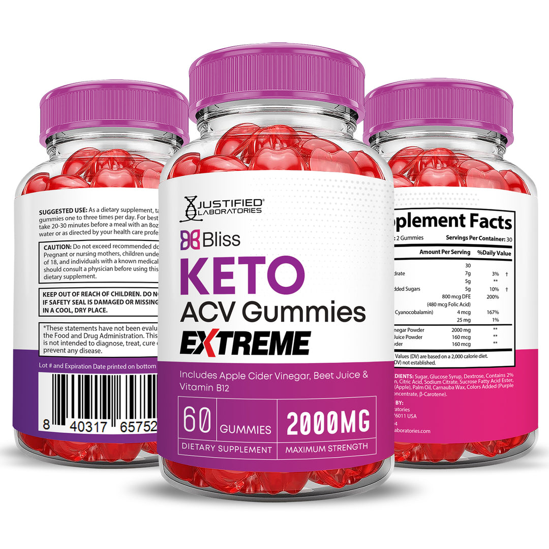 3 Sided of Bottle of Bliss Keto ACV Gummies Extreme 2000mg