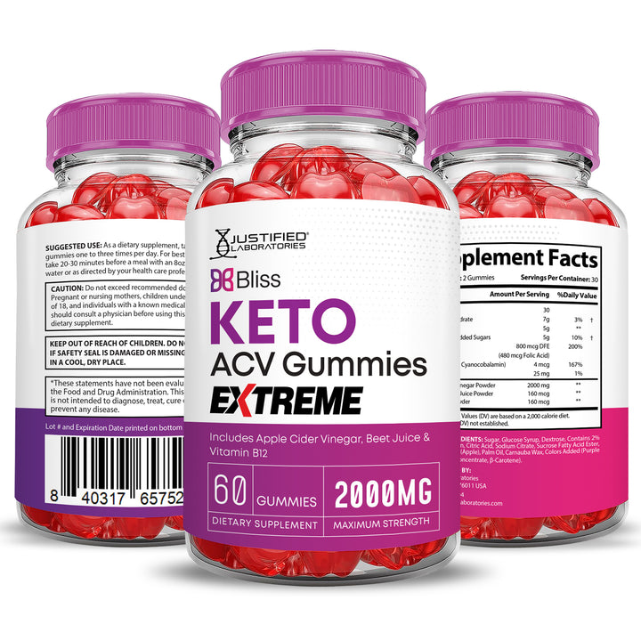 3 Sided of Bottle of Bliss Keto ACV Gummies Extreme 2000mg