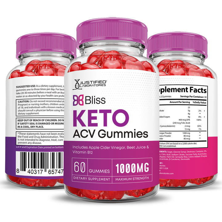 3 Sided of Bottle of Bliss Keto ACV Gummies 1000MG