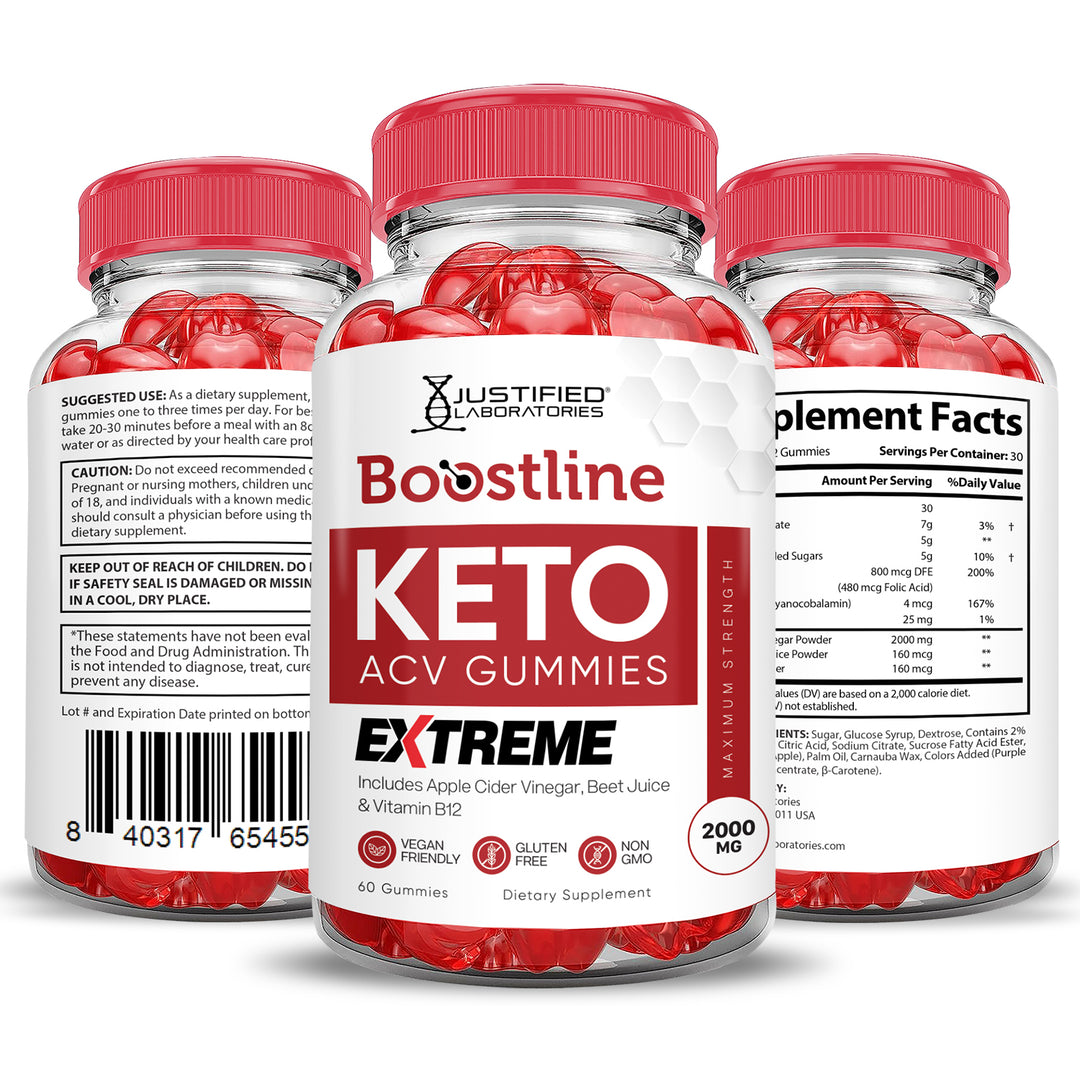 3 Sided of Bottle of Boostline Keto ACV Gummies Extreme 2000mg
