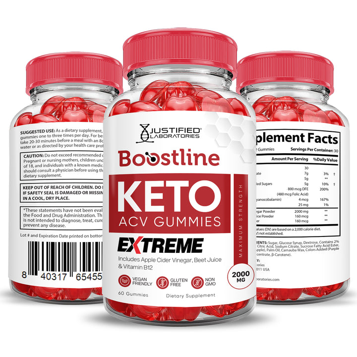 3 Sided of Bottle of Boostline Keto ACV Gummies Extreme 2000mg