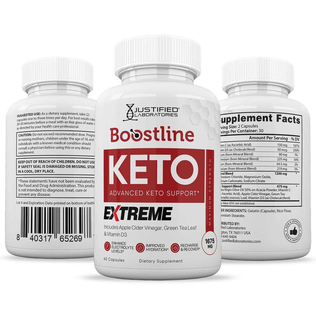 3 sides of Bottles of Boostline Keto ACV Extreme Pills 1675MG