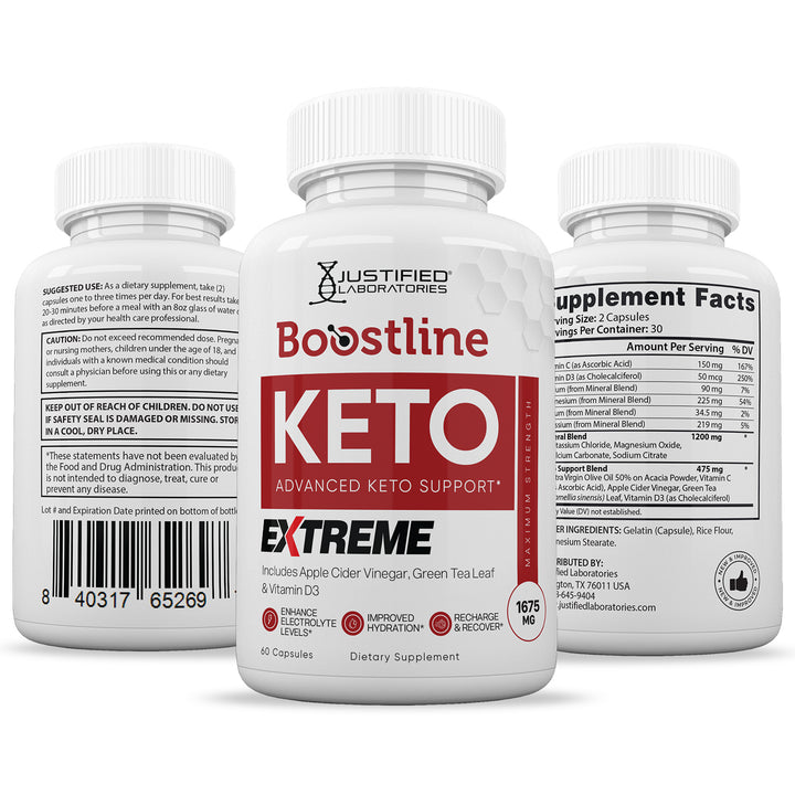 3 sides of Bottles of Boostline Keto ACV Extreme Pills 1675MG