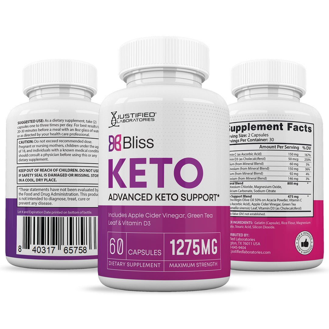 3 Sides of bottle of Bliss Keto ACV Pills 1275MG