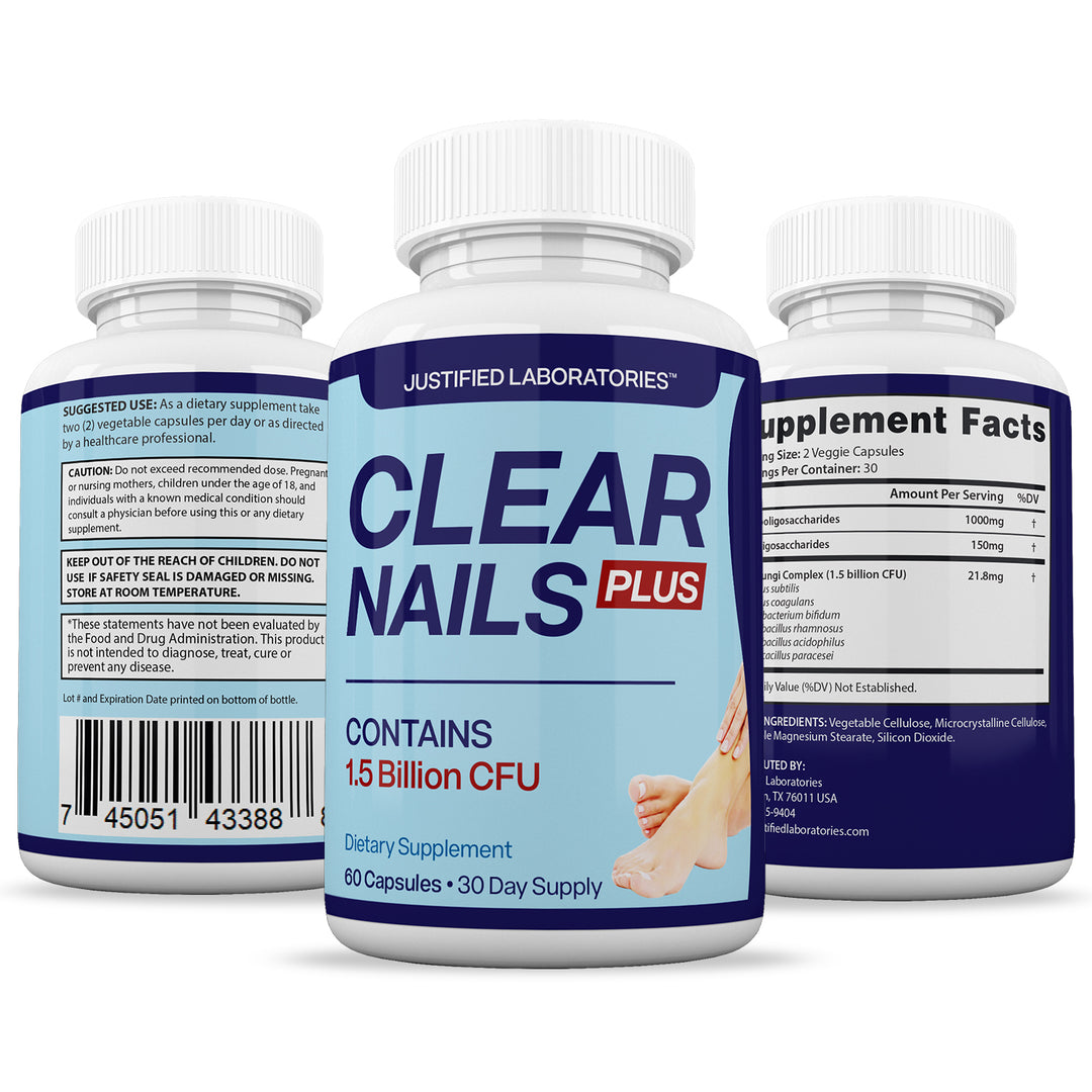 All sides of bottle of the Clear Nails Plus 1.5 Billion CFU Probiotic Pills
