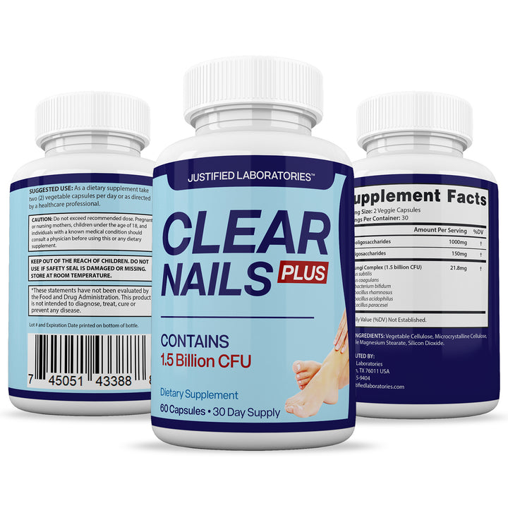 All sides of bottle of the Clear Nails Plus 1.5 Billion CFU Probiotic Pills