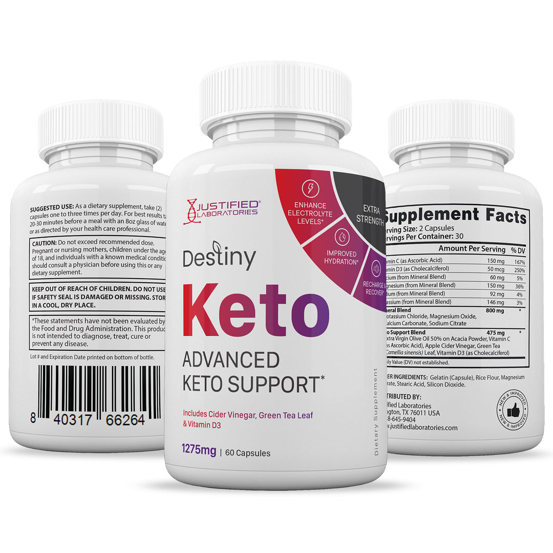 3 sides of bottle of Destiny Keto ACV Pills 1275MG