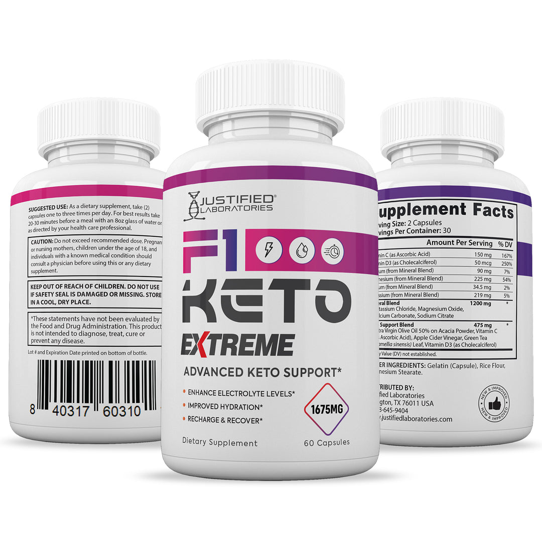 3 Sides of bottle of F1 Keto ACV Extreme Pills 1675MG
