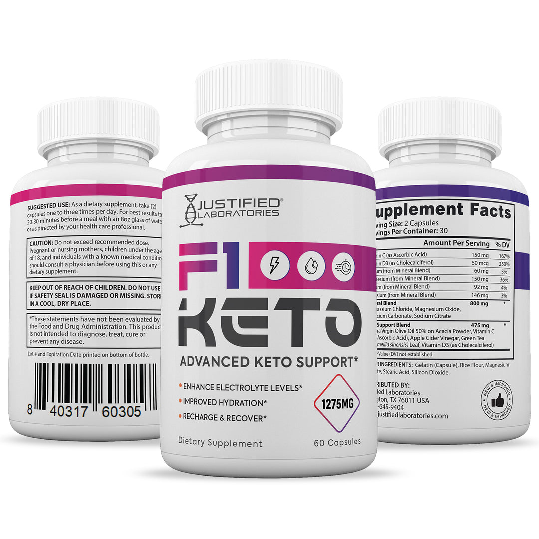 3 Sides of bottle of F1 Keto ACV Pills 1275MG
