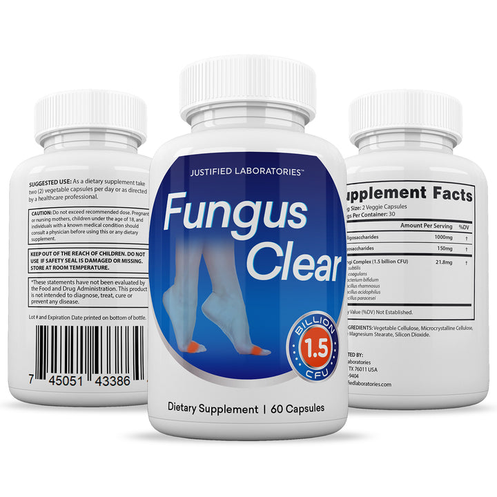 All sides of bottle of the Fungus Clear 1.5 Billion CFU Probiotic Pills