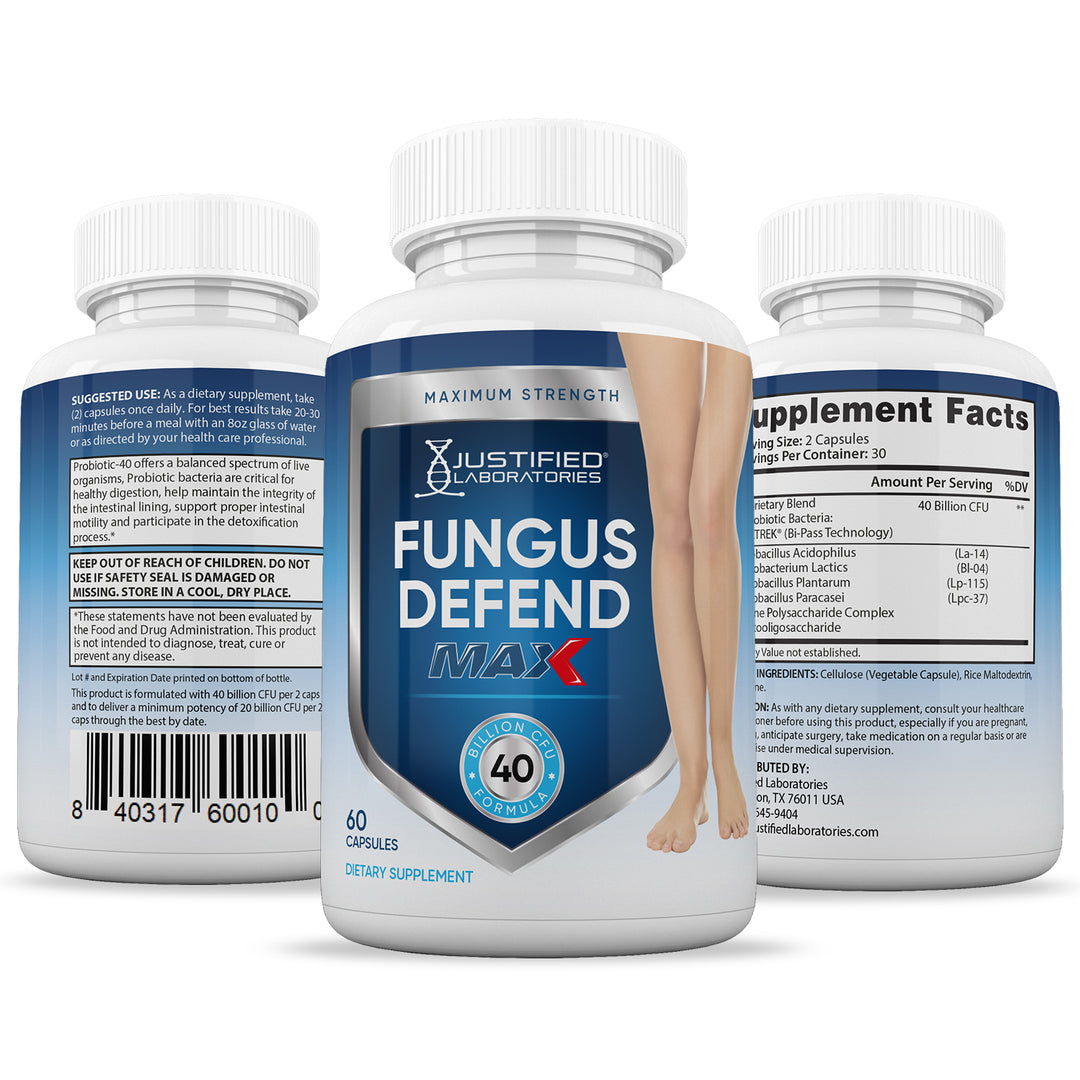All sides of bottle of the 3 X Stronger Fungus Defend Max 40 Billion CFU