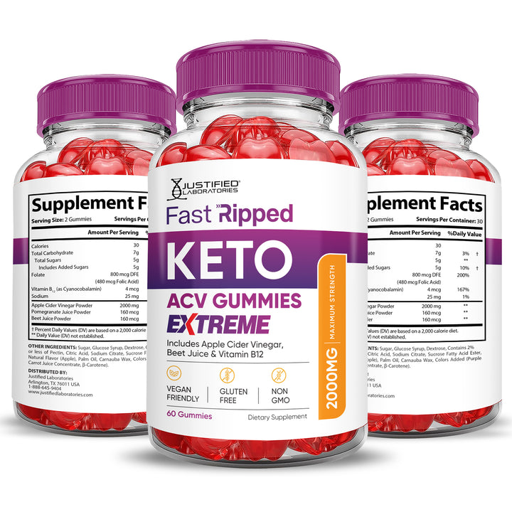 3 Sided of Bottle of Fast Ripped Keto ACV Gummies Extreme 2000mg