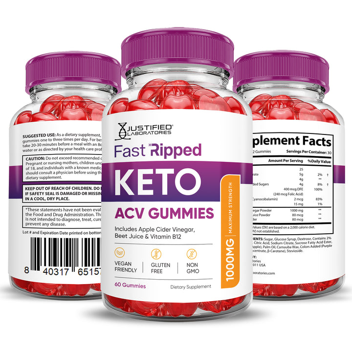3 Sided of Bottle of Fast Ripped Keto ACV Gummies 1000MG