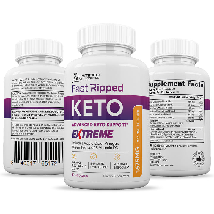 3 sides of bottles of Fast Ripped Keto ACV Extreme Pills 1675MG