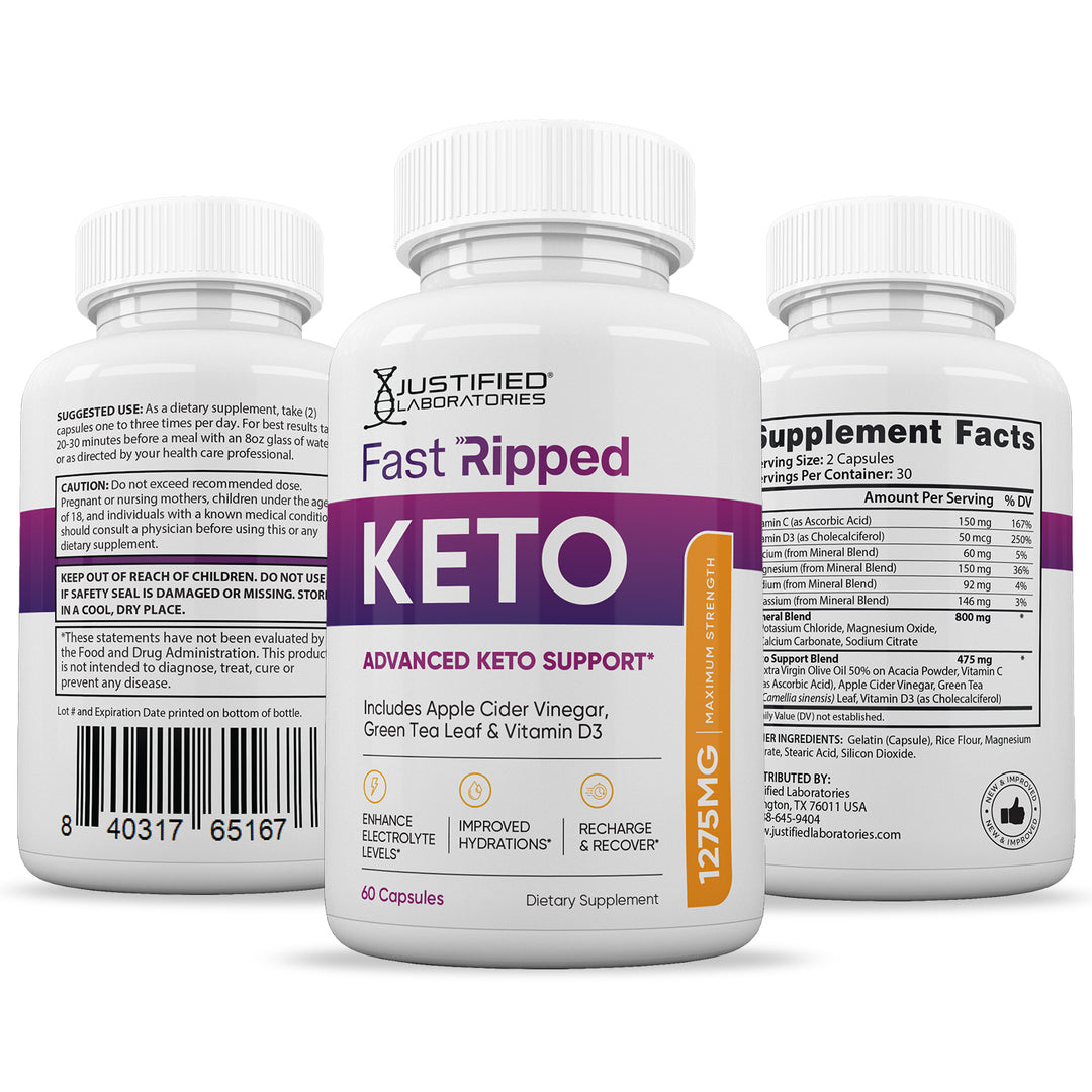 3 sides of bottle of Fast Ripped Keto ACV Pills 1275MG