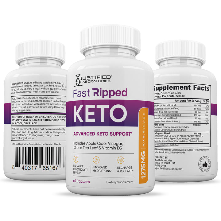 3 sides of bottle of Fast Ripped Keto ACV Pills 1275MG