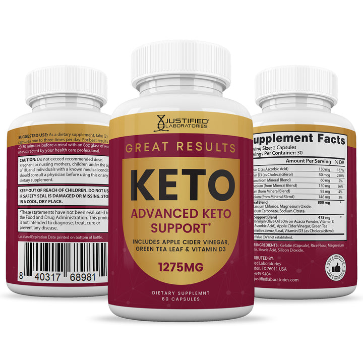 All sides of bottle of the Great Results Keto ACV Pills 1275MG