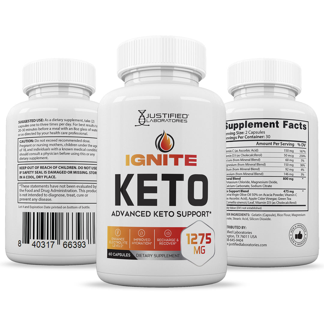 3 sides of bottle of Ignite Keto ACV Pills 1275MG