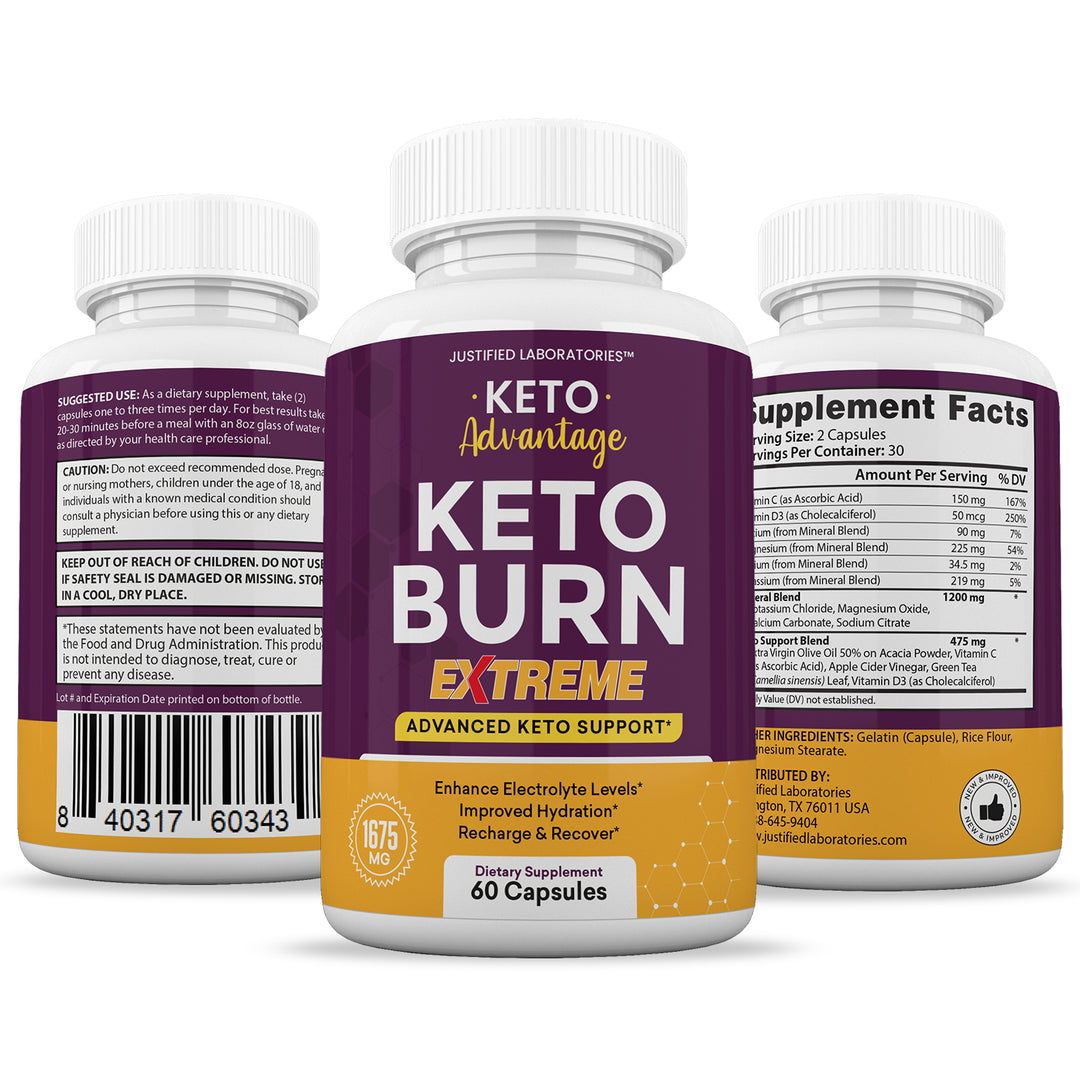 3 sides of bottle of Keto Advantage Keto Burn Keto ACV Extreme Pills 1675MG