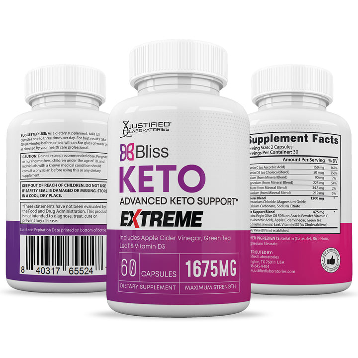 3 Sides of bottle of Bliss Keto ACV Extreme Pills 1675MG