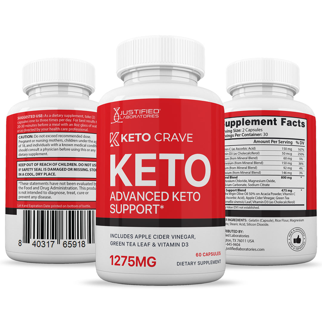 3 sides of bottle of Keto Crave Keto ACV Pills 1275MG