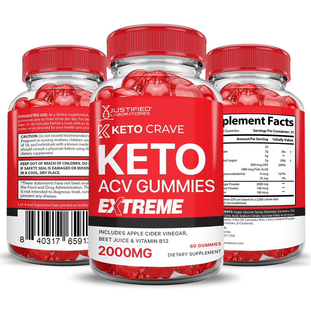 3 Sided of Bottle of Keto Crave Keto ACV Gummies Extreme 2000mg