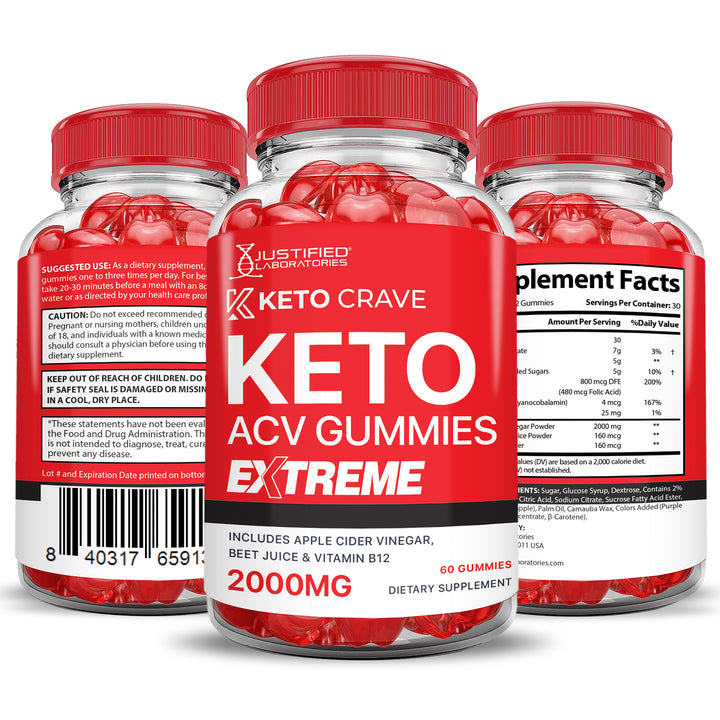 3 Sided of Bottle of Keto Crave Keto ACV Gummies Extreme 2000mg