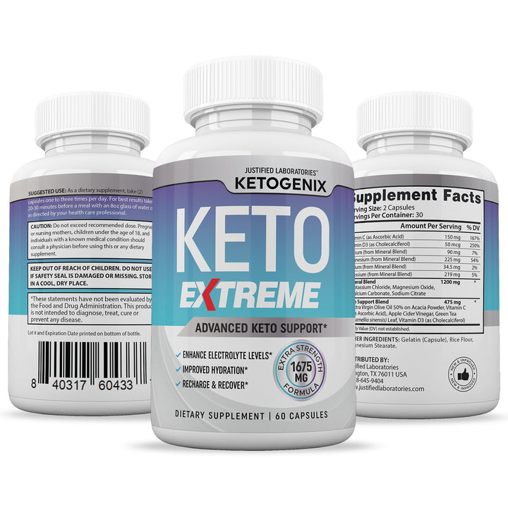 3 sides of bottle of Ketogenix Keto ACV Extreme Pills 1675MG