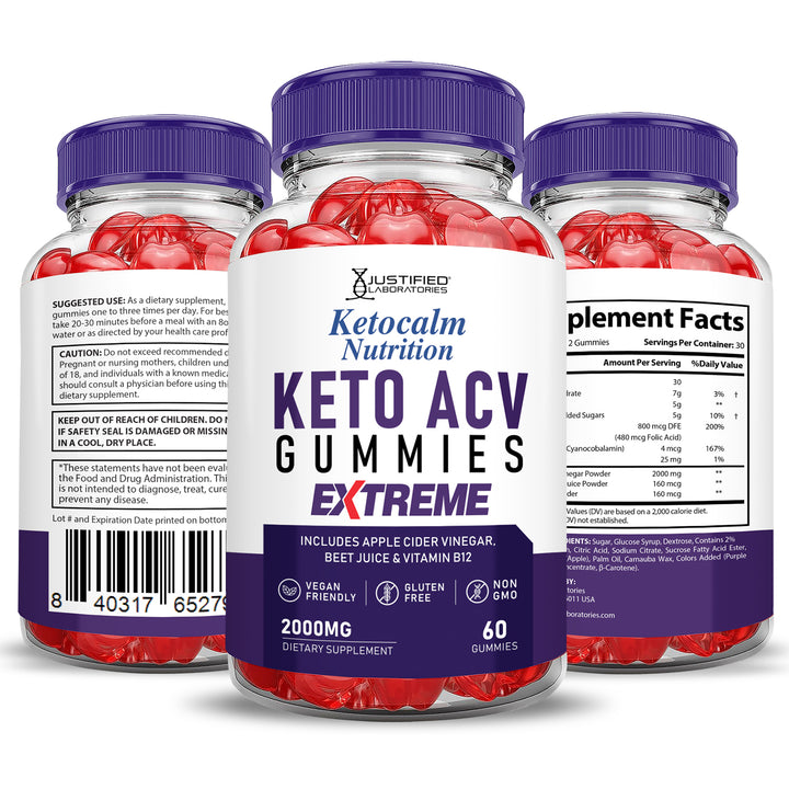 3 Sided of Bottle of Keto Calm Keto ACV Gummies Extreme 2000mg