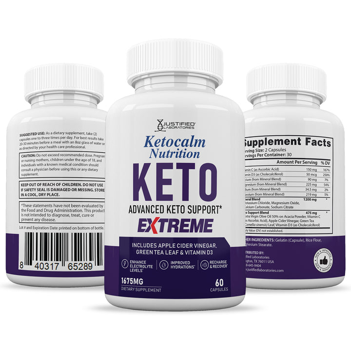 3 Sides of bottle of Keto Calm Keto ACV Extreme Pills 1675MG