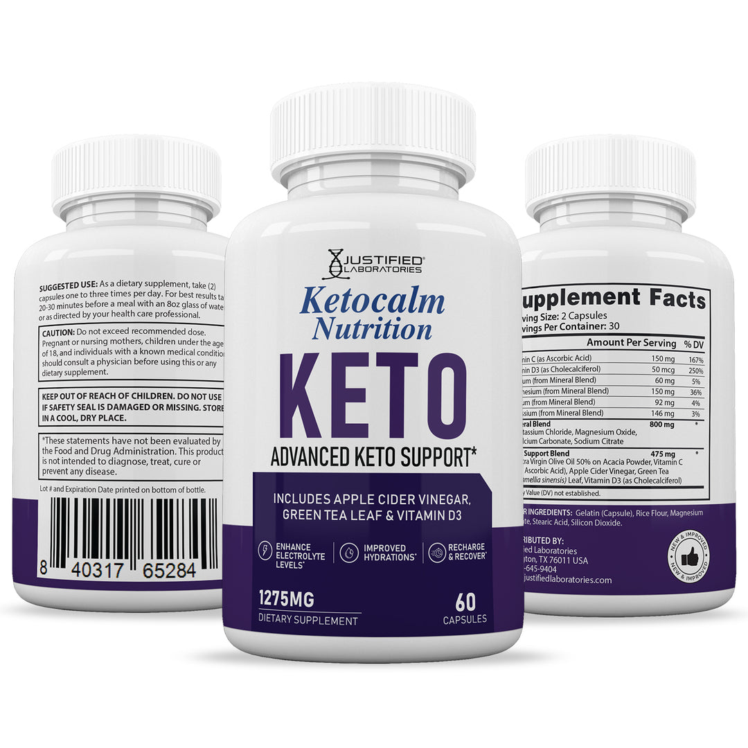 3 Sides of bottle of Keto Calm Keto ACV Pills 1275MG