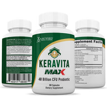 Cargar imagen en el visor de la Galería, All sides of bottle of the 3 X Stronger Keravita Max 40 Billion CFU Pills