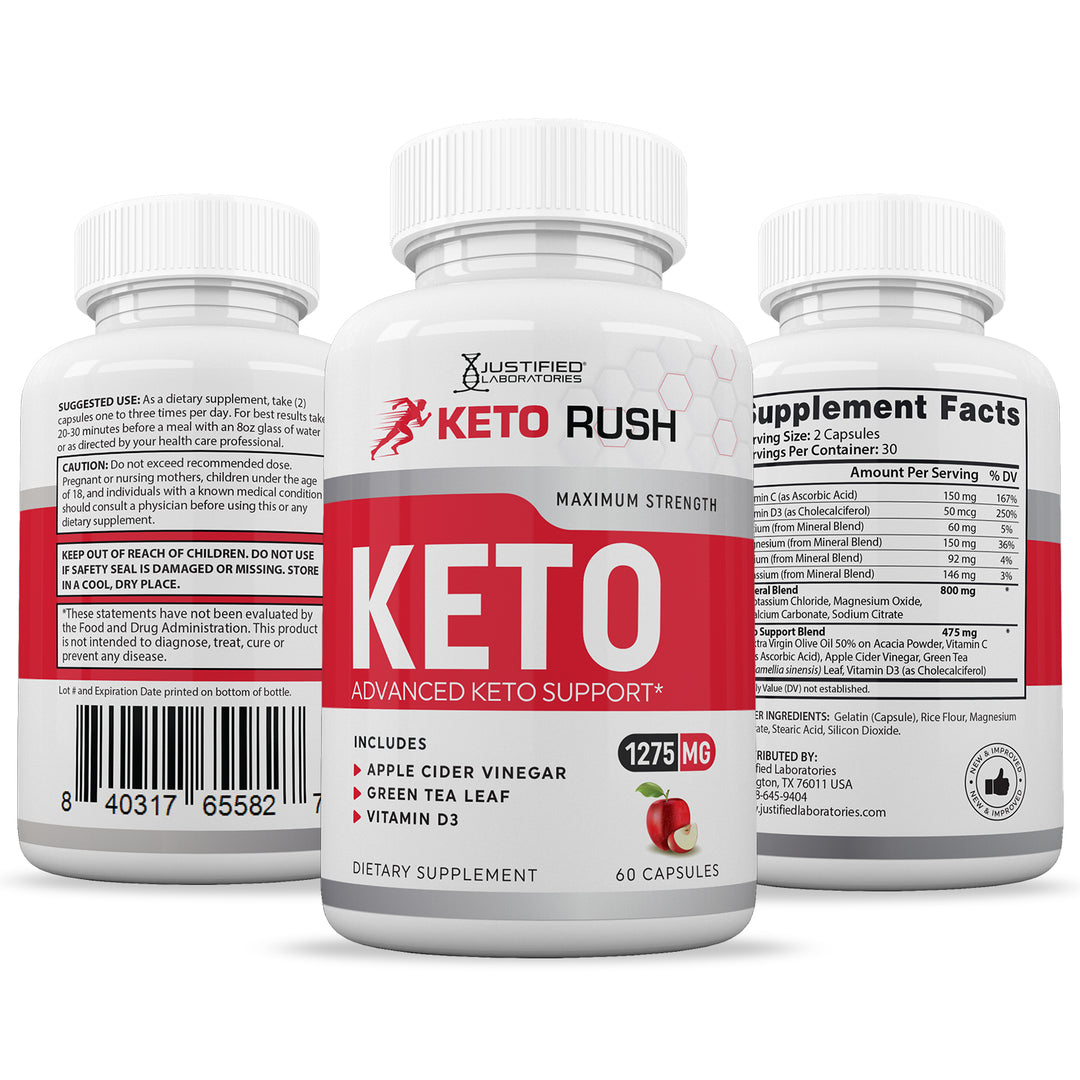 3 Sides of bottle of Keto Rush ACV Pills 1275MG
