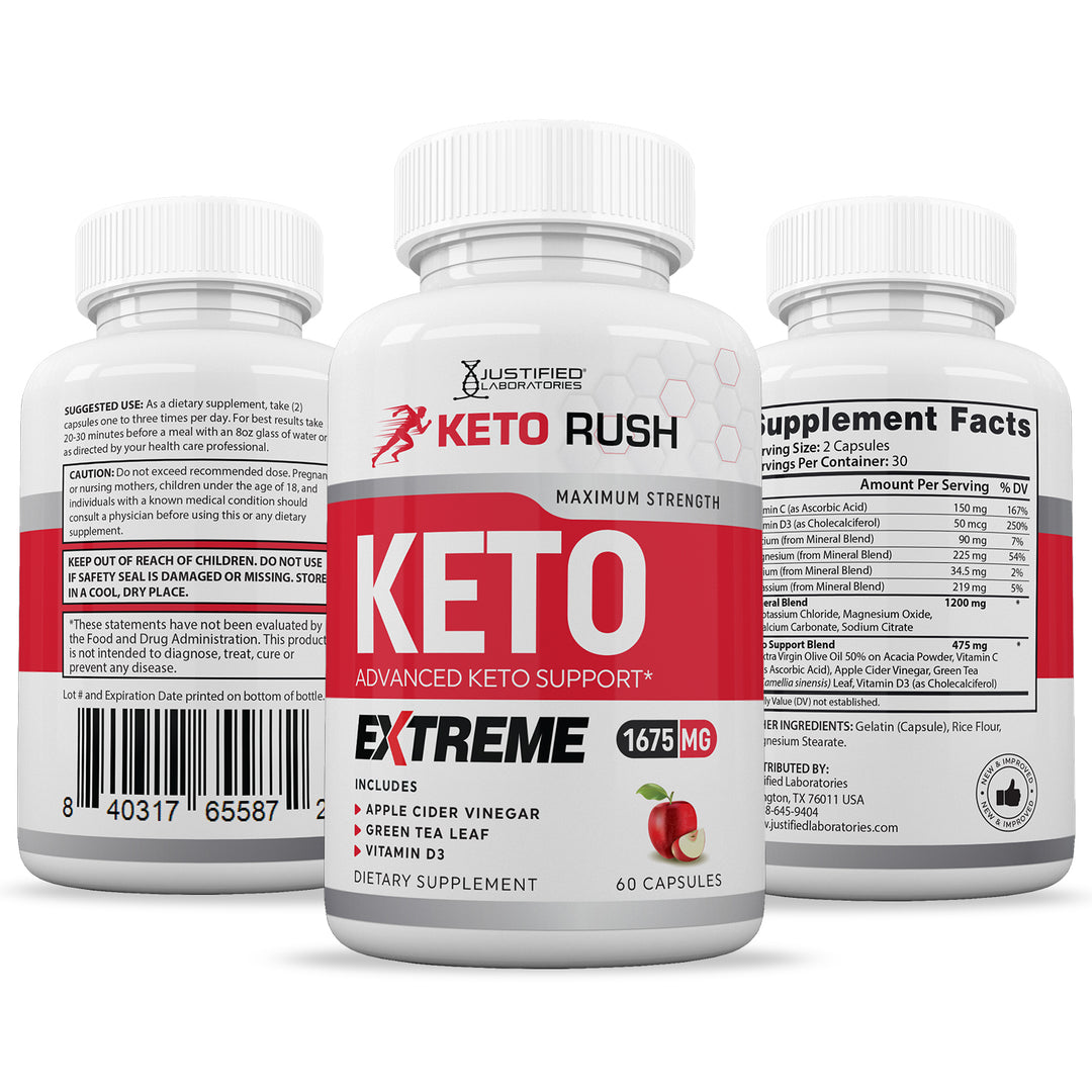 3 Sides of bottles of Keto Rush ACV Extreme Pills 1675MG