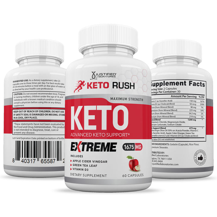 3 Sides of bottles of Keto Rush ACV Extreme Pills 1675MG