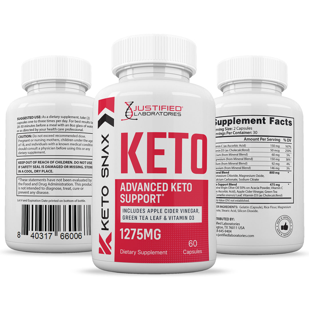 3 sides of bottles of Keto Snax Keto ACV Pills 1275MG