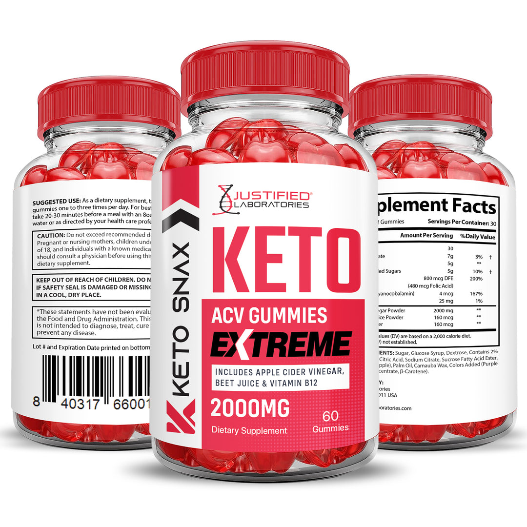 3 Sided of Bottle of Keto Snax Keto ACV Gummies Extreme 2000mg