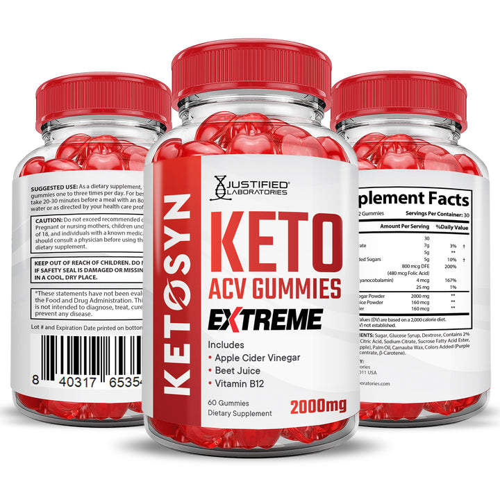 3 Sided of Bottle of Ketosyn Keto ACV Gummies Extreme 2000mg
