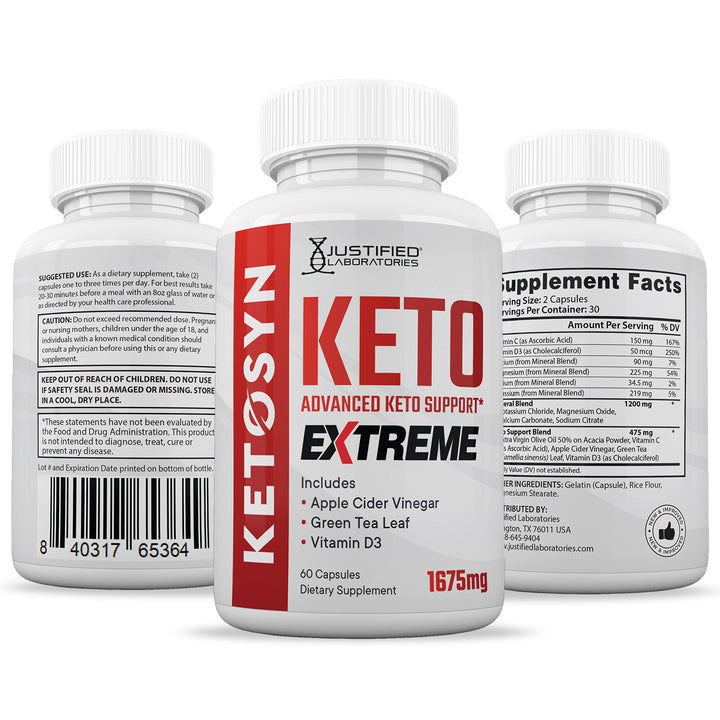 3 Sides of bottle of Ketosyn Keto ACV Extreme Pills 1675MG