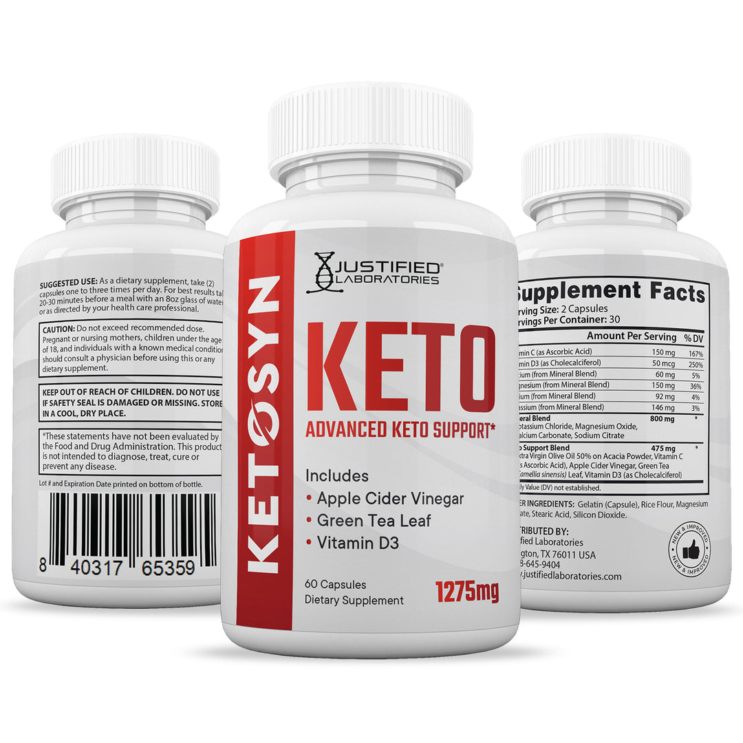 3 sides of bottle of Ketosyn Keto ACV Pills 1275MG