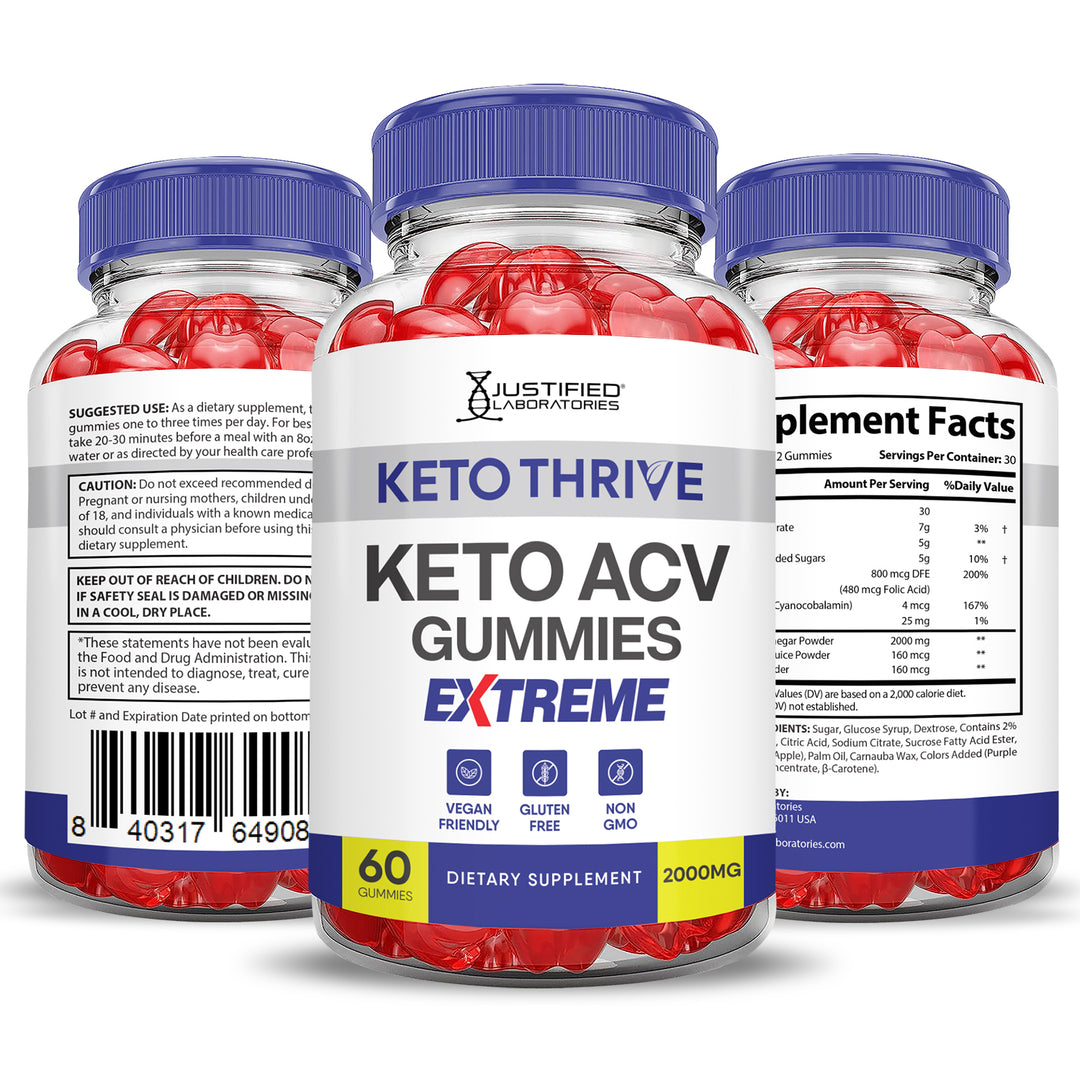 3 Sided of Bottle of Keto Thrive Keto ACV Gummies Extreme 2000mg