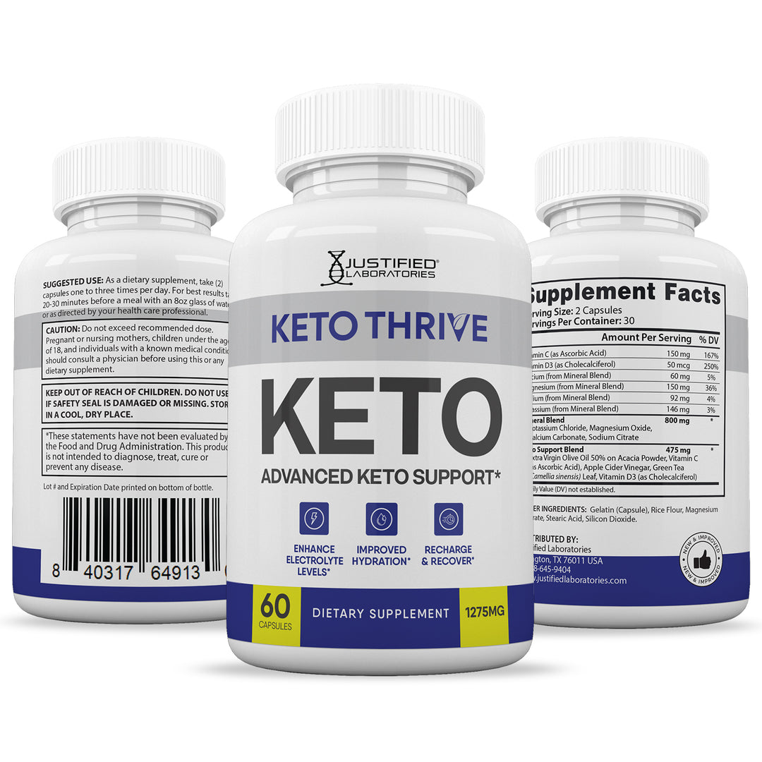 3 Sides of bottles of Keto Thrive Keto ACV Pills 1275MG
