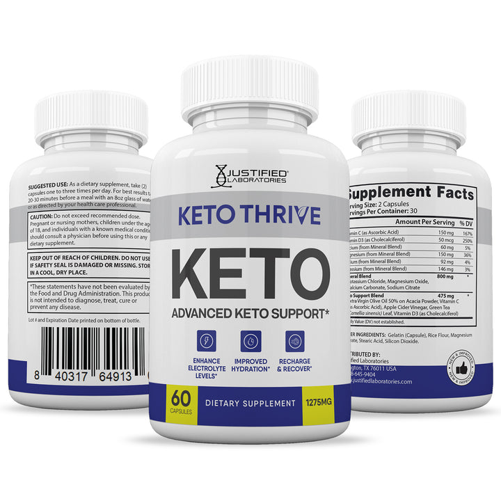 3 Sides of bottles of Keto Thrive Keto ACV Pills 1275MG