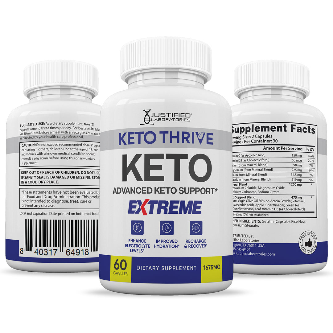3 sides of bottles of Keto Thrive Keto ACV Extreme Pills 1675MG