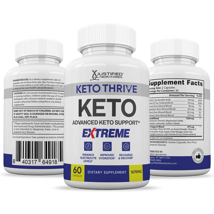 3 sides of bottles of Keto Thrive Keto ACV Extreme Pills 1675MG