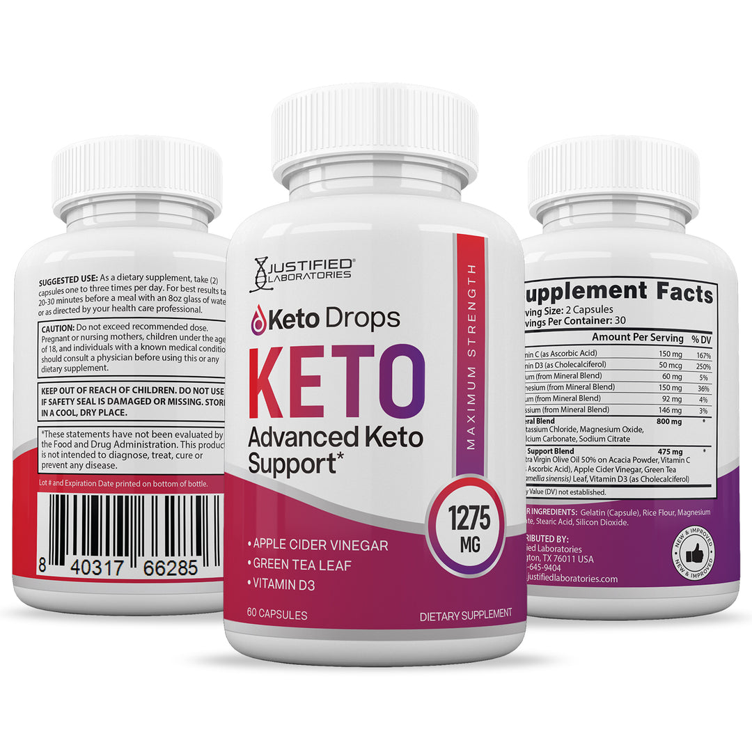 3 sides of bottle of Keto Drops Keto ACV Pills 1275MG